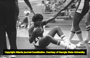 University of Georgia basketball player Janet Harris in action against Georgia State, January 6, 1982.