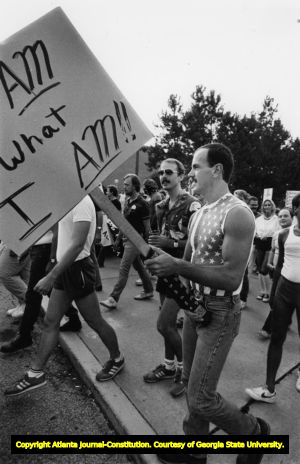 "I am what I am!" marchers in the annual Gay Pride Parade, Atlanta, Georgia, July 3, 1984.