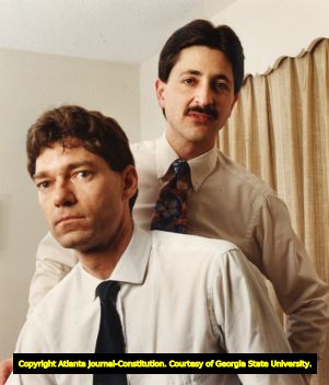 Noel Lytle (left) and Dave Mayersky say they feel singled out by Cobb's anti-gay resolution, Marietta, Georgia, August 12, 1993.