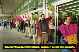 ACT/UP Atlanta demonstration outside Winn-Dixie, over firing of an HIV positive employee, Sage Hill Shopping Center, Atlanta, Georgia, November 9, 1991.