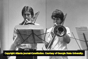 Georgia State University trombone ensemble performing at the Trust Company Building, Atlanta, Georgia, February 2, 1982.