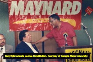 Rev. Joseph E. Lowery (right) and mayoral candidate Maynard Jackson at Paschal's Motor Hotel, Atlanta, Georgia, August 3, 1989.