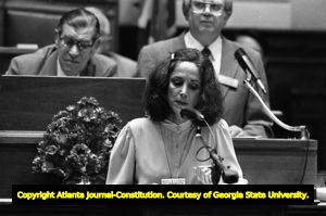 Representative Cathy Steinberg speaking during the Georgia State House of Representatives' debate on ratification of the Equal Rights Amendment, Atlanta, Georgia, January 20, 1982.