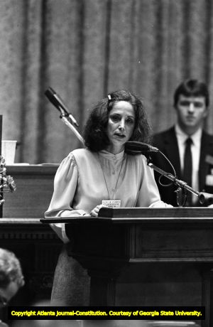 Representative Cathy Steinberg speaking during the Georgia State House of Representatives' debate on ratification of the Equal Rights Amendment, Atlanta, Georgia, January 20, 1982.