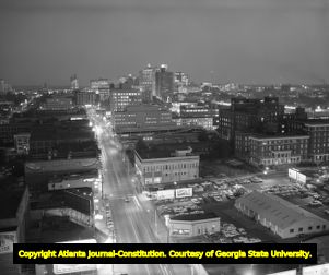 Aerial view of downtown Atlanta, looking south down Peachtree Street, Atlanta, Georgia, May 8, 1963.