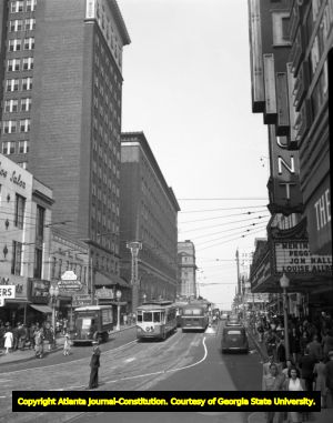 Looking north on Peachtree Street at the Winecoff Hotel, today the Ellis Hotel, Atlanta, Georgia, 1945.