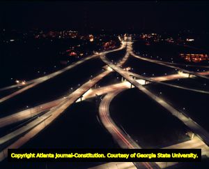 Time-lapse night photo of various highways converging, Atlanta, Georgia, October 1964.