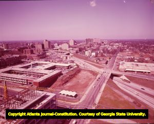 Downtown Atlanta, looking northwest on the Heart of Atlanta Motel, now the Hilton Atlanta hotel, Atlanta, Georgia, October 1964.