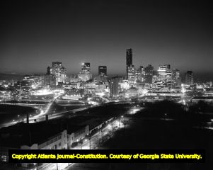 Downtown Atlanta skyline at night, looking southwest, Atlanta, Georgia, February 2, 1977.