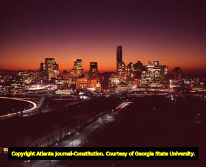 Downtown Atlanta skyline at night, looking southwest, Atlanta, Georgia, February 2, 1977.