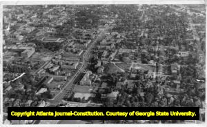 Aerial view of Atlanta, looking southeast over Techwood Drive, with the Bobby Dodd Stadium at North Avenue, Atlanta, Georgia, before 1950.