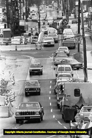 Traffic congestion on 14th Street near the Downtown Connector, Atlanta, Georgia, February 2, 1982.
