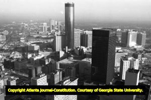 Aerial view of downtown, looking northwest, Atlanta, Georgia, January 16, 1980.