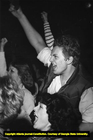 University of Georgia fans cheer the Bulldogs on against Notre Dame University, 1980 Sugar Bowl, New Orleans, Louisiana, January 1, 1981.
