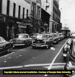 Traffic congestion on Walton Street, Atlanta, Georgia, January 1953.