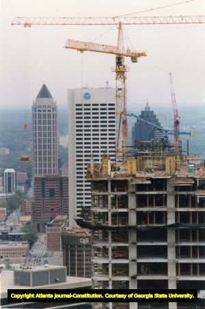 Aerial view of the construction of One Peachtree Center (now, Sun Trust Plaza), Atlanta, Georgia, April 3, 1991.