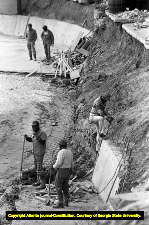 Construction site for the Thunder River amusement ride at Six Flags Over Georgia, Austell, Georgia, February 25, 1982.