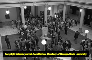 Public awaiting outcome of the Georgia State House of Representatives' vote on ratification of the Equal Rights Amendment, Atlanta, Georgia, January 20, 1982.