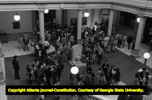 Public awaiting outcome of the Georgia State House of Representatives' vote on ratification of the Equal Rights Amendment, Atlanta, Georgia, January 20, 1982.