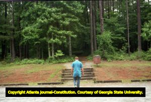 Gwinnett County undercover police entering Gold Branch Park, just before the raid on gay men, Gwinnett County, Georgia, June 6, 1989.
