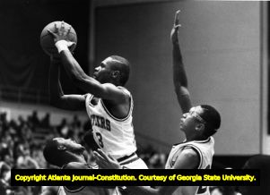 Georgia State University Panther, Dewey Haley, during a basketball game against Armstrong Atlantic State University, November 26, 1985.