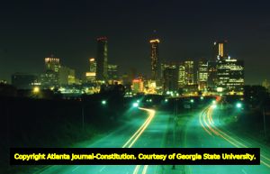 Downtown skyline at night, looking west from the Jackson Street bridge, Atlanta, Georgia, June 27, 1986.
