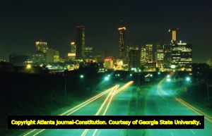 Downtown skyline at night, looking west from the Jackson Street bridge, Atlanta, Georgia, June 27, 1986.