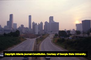Downtown skyline, looking west from the Jackson Street bridge, Atlanta, Georgia, June 27, 1986.