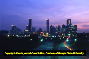 Downtown skyline at night, looking west from the Jackson Street bridge, Atlanta, Georgia, June 27, 1986.