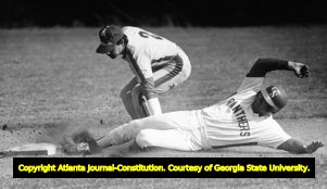 Georgia State Panther, Tim Osborne, sliding for second base during a baseball game against the University of West Georgia, Atlanta, Georgia, April 20, 1983.