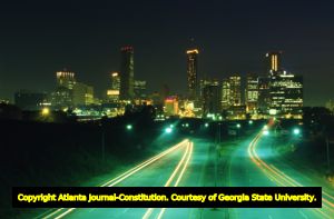 Downtown skyline at night, looking west from the Jackson Street bridge, Atlanta, Georgia, June 27, 1986.