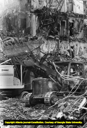 Demolition debris, remains of the Peachtree Terrace Apartments, Pershing Point Park, Atlanta, Georgia, January 27, 1987.