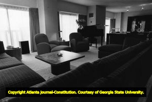Interior of hotel room in the International Tower addition to the Hyatt Regency Hotel, Atlanta, Georgia, 1982?