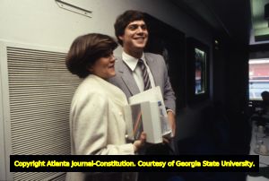 Atlanta Braves player Dale Murphy and his wife Nancy during a press conference honoring his Most Valuable Player award, Atlanta-Fulton County Stadium, Atlanta, Georgia, November 8, 1983.