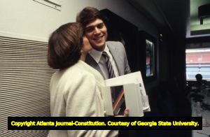 Atlanta Braves player Dale Murphy and his wife Nancy during a press conference honoring his Most Valuable Player award, Atlanta-Fulton County Stadium, Atlanta, Georgia, November 8, 1983.