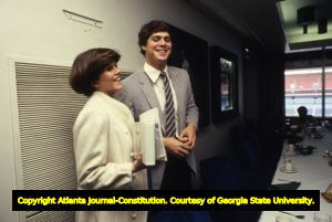 Atlanta Braves player Dale Murphy and his wife Nancy during a press conference honoring his Most Valuable Player award, Atlanta-Fulton County Stadium, Atlanta, Georgia, November 8, 1983.