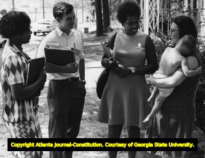 Emory University students interviewing Capital Homes resident for a research project, Atlanta, Georgia, 1970s.
