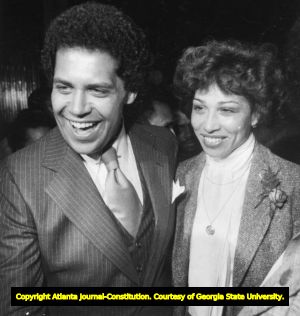 Maynard Jackson and wife, Valarie Richardson, on election night, Atlanta, Georgia, October 4, 1977.