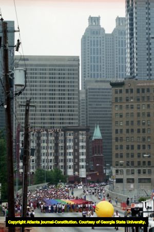 25th annual Gay Pride Parade, with Peachtree Street skyscrapers in the background, Atlanta, Georgia, June 25, 1995.