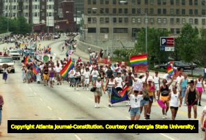 Participants in the 25th annual Gay Pride Parade marching north on Peachtree Street, Atlanta, Georgia, June 25, 1995.