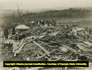 View of the home of John Henry Law completely destroyed by the 1936 tornado near Cartersville, Georgia, March 27, 1936.