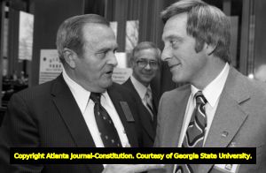 Georgia State Representative Jones Lane with Atlanta Braves pitcher Phil Niekro during the Georgia Senate's vote on the ratification for the ERA, Atlanta, Georgia, January 21, 1980.