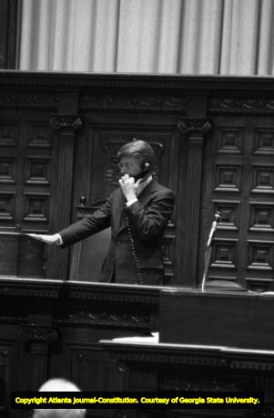 Georgia Lieutenant Governor and Presiding Officer of the State Senate, Zell Miller on the phone during the Georgia Senate's vote on the ratification of the Equal Rights Amendment, Atlanta, Georgia, January 21, 1980.