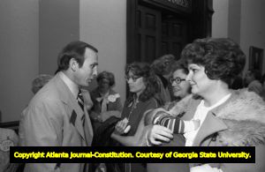 Opponents of the ERA talking to a Georgia congressman during the Georgia Senate's vote on the ratification for the ERA, Atlanta, Georgia, January 21, 1980.