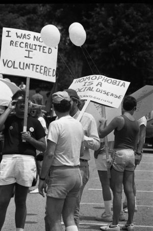 Participants in the 17th annual Gay Pride Parade, Peachtree Street, Atlanta, Georgia, June 21, 1986.