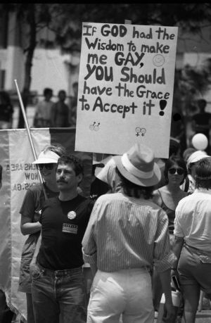 Participants in the 17th annual Gay Pride Parade, Peachtree Street, Atlanta, Georgia, June 21, 1986.