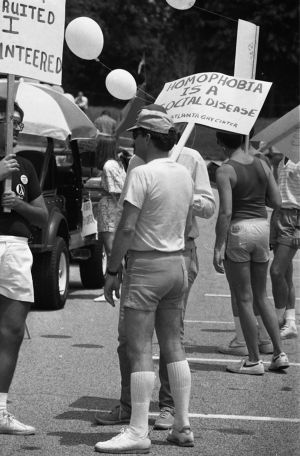 Participants in the 17th annual Gay Pride Parade, Peachtree Street, Atlanta, Georgia, June 21, 1986.