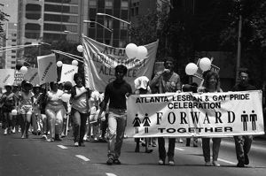 Participants in the 17th annual Gay Pride Parade, Peachtree Street, Atlanta, Georgia, June 21, 1986.
