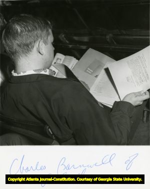 Charles Barnwell of Atlanta with letter in hand welcoming incoming freshman to Georgia State College (later, Georgia State University). The letter is signed by Cass Smith, Editor-in-Chief, of the 1968 Rampway yearbook, Atlanta, Georgia, 1968.