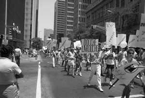 Participants in the 17th annual Gay Pride Parade, Peachtree Street, Atlanta, Georgia, June 21, 1986.